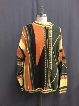 BERGATI, Orange, Lt Yellow, Chocolate Brown, Acrylic, Abstract , Stripes, Long Sleeves, Crew Neck, Pullover,