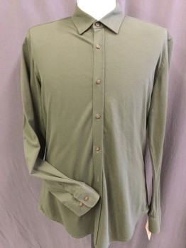 BOSS, Olive Green, Cotton, Solid, Pique Knit, Button Front, Long Sleeves, Collar Attached,