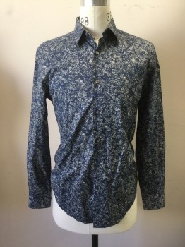 PERRY ELLIS, Navy Blue, White, Cotton, Abstract , Paisley/Swirls, C.A., B.F., L/S,