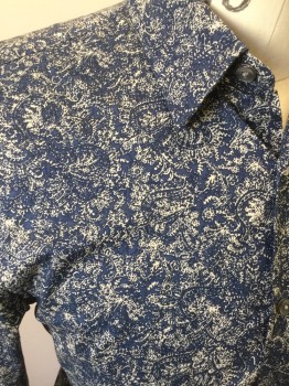 PERRY ELLIS, Navy Blue, White, Cotton, Abstract , Paisley/Swirls, C.A., B.F., L/S,