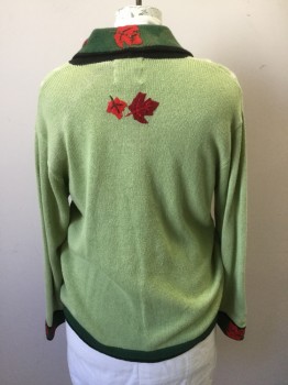 STORYBOOK KNITS, Mint Green, Forest Green, Red, Maroon Red, Lt Brown, Ramie, Cotton, Novelty Pattern, Button Front, Felt Leaf Appliqué Hidden Placket/Collar, Deer/Tree Front, See Detail Photo,