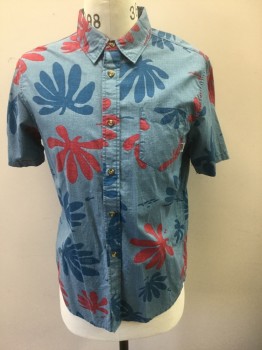 VANS, Blue, Navy Blue, Cranberry Red, Cotton, Floral, Abstract , Blue with Navy and Cranberry Abstract Flowers Pattern, Short Sleeve Button Front, Collar Attached,  Patch Pocket at Chest