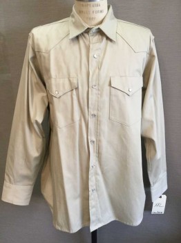 Mens, Western, Cowboy, Khaki Brown, Cotton, Solid, XXL, Long Sleeves, Collar Attached, Snap Button Closure, Chest Pockets with Flaps