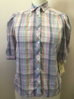 Womens, Blouse, CRISTEN STEVENS, Pink, Lt Pink, Gray, Orange, Peach Orange, Cotton, Polyester, Plaid, 38b, Button Front, Collar Attached, Puffed 1/2 Sleeves, Gathers From Front Yoke