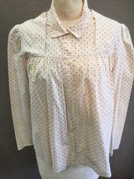 N/L, Ecru, Brown, Cotton, Geometric, Tiny Triangles, Dots and Lines Pattern, Long Sleeve Button Front, Collar Attached, 2" Box Pleats At Shoulders. Gathered Yoke, Puffy Sleeves, Made To Order,