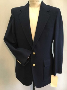 Mens, Sportcoat/Blazer, BULLOCKS, Navy Blue, Wool, Solid, 40R, 3 Pockets, 2 Buttons,  Notched Lapel,