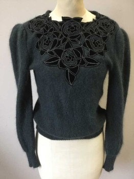 Womens, Sweater, ESCADA, Dk Gray, Mohair, Polyester, Solid, M, Puff L/S, Black Velvet Floral Appliqué, with Grey Metallic Thread Outlining the Flowers,