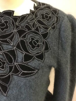 Womens, Sweater, ESCADA, Dk Gray, Mohair, Polyester, Solid, M, Puff L/S, Black Velvet Floral Appliqué, with Grey Metallic Thread Outlining the Flowers,
