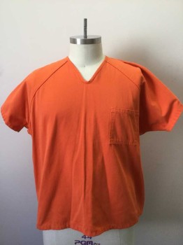 Unisex, Piece 1, BOB BARKER, Orange, Polyester, Cotton, Solid, Text, 2XL, Twill, Short Sleeves, Raglan Sleeves, V-neck, Pullover, 1 Patch Pocket at Chest, Black "COUNTY JAIL" Printed on Back