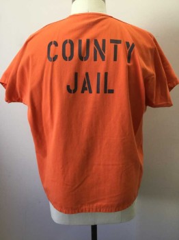 Unisex, Piece 1, BOB BARKER, Orange, Polyester, Cotton, Solid, Text, 2XL, Twill, Short Sleeves, Raglan Sleeves, V-neck, Pullover, 1 Patch Pocket at Chest, Black "COUNTY JAIL" Printed on Back