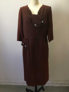 ABRAMS FRANKLIN, Dk Brown, Synthetic, Solid, V-neck, Gathered Bust, Gathered 1/2 Bow From V-neck, with 2 Rhinestone Faux Buttons, 1/2 Sleeves, Side Zip, Gathered Hip Panel with 2 Rhinestone Buttons, Hem Below Knee, Self Belt, Shoulder Burn, Side Burn, Hem Burn