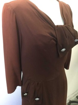 ABRAMS FRANKLIN, Dk Brown, Synthetic, Solid, V-neck, Gathered Bust, Gathered 1/2 Bow From V-neck, with 2 Rhinestone Faux Buttons, 1/2 Sleeves, Side Zip, Gathered Hip Panel with 2 Rhinestone Buttons, Hem Below Knee, Self Belt, Shoulder Burn, Side Burn, Hem Burn