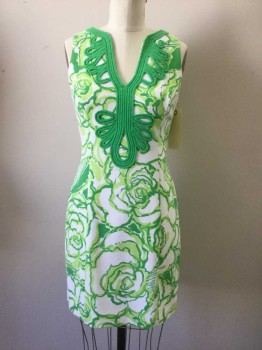 Womens, Dress, Sleeveless, LILY PULITZER, White, Kelly Green, Lime Green, Polyester, Spandex, Floral, S, Round Into V-neck, Heavy Moorish Applique at Neck Line, Sleeveless,  Fitted, Zip Back,