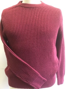 Mens, Pullover Sweater, J CREW, Maroon Red, Cotton, Solid, L, Bumpy Texture Knit, Crew Neck, Long Sleeve
