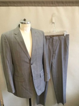 ANGELO ROSSI, Gray, White, Polyester, Rayon, Plaid - Tattersall, Gray with White Tattersall, Single Breasted, Notched Lapel, 2 Buttons,  3 Pockets