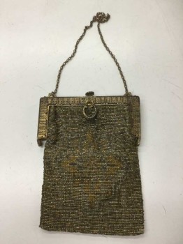 Womens, Purse, Gold, Silver, Beaded, Gold & Silver Micro Beads, Antique Gold Filigree Clasp, Gold Chain Strap, Very Delicate, in Decent Shape,