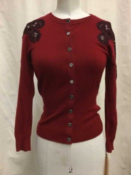 Womens, Sweater, KAREN MILLEN, Wine Red, Plum Purple, Wool, Synthetic, Solid, Floral, S, Raspberry, Sheer Plum Floral Embroiderred Shoulders, Snap Front, Ribbed Trim, 3/4 Sleeve