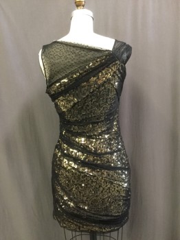 CYNTHIA STEFFE, Black, Gold, Polyester, Sequins, Solid, Dotted Tulle Over Gold Paillets, Side Zipper, Asymmetrical V-neck, Side Rouched, Above Knee