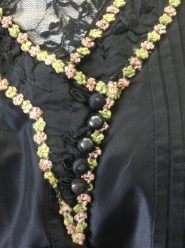 N/L MTO, Black, Cream, Lt Pink, Lt Green, Silk, Solid, Floral, Black Taffeta, Long Sleeves, Cream Stand Collar and Modesty Panel at Center Front Covered in Sheer Black Lace, Light Green and Light Pink Flower Appliqué Trim at Front and Cuffs, Hidden Hook&Eyes and Snap Closures in Front, Vertical Pleats at Shoulders, Back and Sleeves, 5  Decorative Fabric Covered Buttons at Front and 3 at Each Cuff, Made To Order,  Covered Buttons in Front Have Fabric Worn Away,