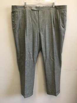 Mens, 1950s Vintage, Suit, Pants, PAUL CHANG'S, Beige, Black, Maroon Red, Wool, Glen Plaid, Houndstooth, Ins:28, W:46, with Houndstooth, Faint Maroon Grid Lines, Pleated Waist, Tab Waist, 4 Pockets, Zip Fly, Folded Cuffs at Hems, Made to Order,