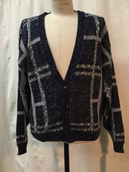 Mens, Cardigan Sweater, HONEY WELL & TODD, Navy Blue, Gray, Heather Gray, Wool, Synthetic, Plaid, XL, Navy, Gray/ Heather Gray Plaid, Button Front,