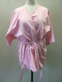 Unisex, Patient Robe, HEALTH GEAR, Pink, Poly/Cotton, Solid, O/S, Open Front, Short Sleeves,  Self Belt Attached