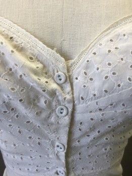 N/L, Off White, Cotton, Floral, Solid, Eyelet Cotton Bust/Top Half with Floral and Vine Embroidery, Sleeveless, 1" Wide Straps, Sweetheart Bust, 4 Fabric Covered Buttons at Front, Sheer Mesh Bottom Half, Made To Order Reproduction **Stained on Mesh
