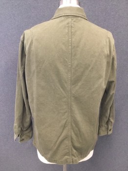 Mens, Casual Jacket, SAGE DE CRET, Olive Green, Cotton, Hemp, Solid, M, Twill, Button Front, Collar Attached, Long Sleeves, 2 Large Flap Pockets, Button Cuffs