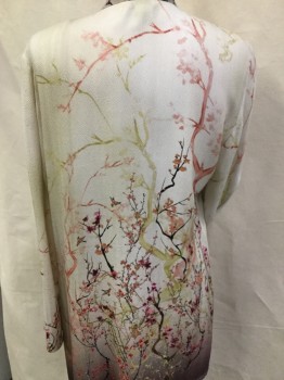 CITRON, Off White, Coral Orange, Taupe, Dk Brown, Dusty Red, Silk, Floral, Long Sleeves, Button Front, Mandarin Collar, Multicolor Painted Floral...