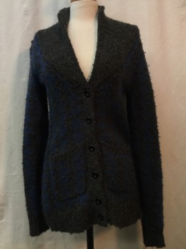 SILENCE & NOISE, Charcoal Gray, Navy Blue, Acrylic, Wool, Houndstooth, Charcoal Gray/ Navy Houndstooth, Button Front, 2 Pockets,