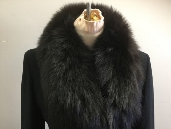Womens, Coat, MARVIN RICHARDS, Black, Dk Brown, Wool, Fur, Solid, 8, Double Breasted,  1 Button, Dye Fox Fur Collar and Cuffs