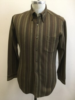 PENDELTON, Olive Green, Brown, Lt Brown, Black, Wool, Herringbone, Stripes, Button Front,  Collar Attached, Button Down Collar, 1 Pocket, Long Sleeves, ***Hole at Hem***