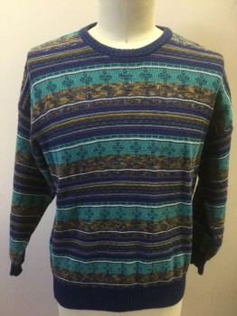 PRONTO UOMO, Multi-color, Cornflower Blue, Turquoise Blue, Charcoal Gray, Purple, Cotton, Acrylic, Abstract , Coogi Style Sweater with Horizontal Woven Irregular Stripes, Long Sleeves, Pullover, Crew Neck, Cuffs and Ribbed Waist, Late 1980's/Early 1990's
