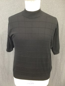 Black, Silk, Solid, Self Ribbed Knit Grid, Short Sleeves, Extended Neck, Ribbed Knit Neck/Waistband/Cuff