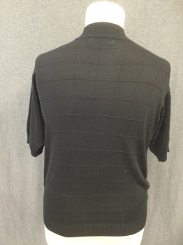 Black, Silk, Solid, Self Ribbed Knit Grid, Short Sleeves, Extended Neck, Ribbed Knit Neck/Waistband/Cuff