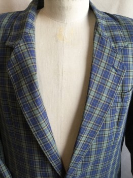 Mens, Sportcoat/Blazer, GAP, Black, Lt Olive Grn, Black, Yellow, Turquoise Blue, Cotton, Acetate, Plaid, 40R, Black Lining, Notched Lapel, Single Breasted, 2 Button Front, 3 Pockets