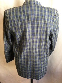 Mens, Sportcoat/Blazer, GAP, Black, Lt Olive Grn, Black, Yellow, Turquoise Blue, Cotton, Acetate, Plaid, 40R, Black Lining, Notched Lapel, Single Breasted, 2 Button Front, 3 Pockets