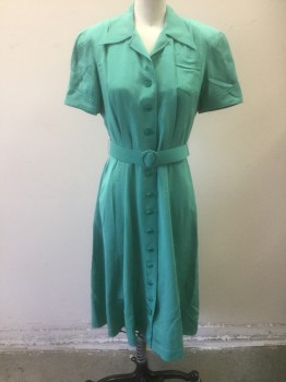 N/L MTO, Jade Green, Silk, Solid, Silk Gabardine, Short Sleeves, Shirtwaist, Pointy Collar Attached, Folded Sleeve Cuffs, Tiny Patch Pocket at Bust, Padded Shoulders, Pleats at Center Front Waist/Bust, Flared/Full Skirt, Knee Length, Made To Order, **With Matching Fabric Belt