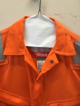 PORTWEST, Orange, Silver, Cotton, Solid, Bright Safety Orange Flame Resistant Twill, Long Sleeves, Zip Front, Collar Attached, Silver Reflective Stripes at Shoulders, Sleeves, and Ankles