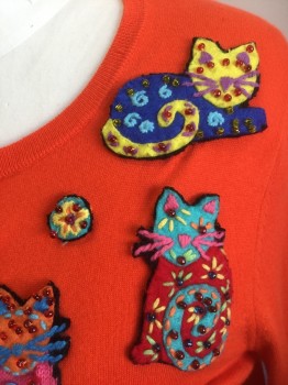 SAKS FIFTH AVE, Orange, Multi-color, Cotton, Silk, Novelty Pattern, Knit, with 3D Colorful Artsy Crafty Cat Appliqués with Beading, (Attached With Topstick), L/S, Button Front, Scoop Neck
