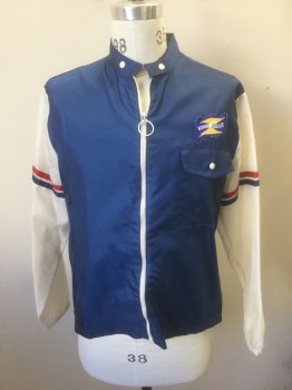 Mens, Windbreaker, KING'S ROAD, Navy Blue, Cream, Red, Nylon, Color Blocking, M, Navy Body/Torso with Cream Long Sleeves, White Zip Front with O-Ring, Red and Navy Stripes at Mid Sleeve, Band Collar,  1 Patch Pocket, Goodyear Logo Patch