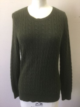 Womens, Pullover, ANTONIO MELANI, Moss Green, Cashmere, Solid, Cable Knit, S, Long Sleeves, Round Neck