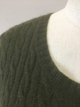 Womens, Pullover, ANTONIO MELANI, Moss Green, Cashmere, Solid, Cable Knit, S, Long Sleeves, Round Neck