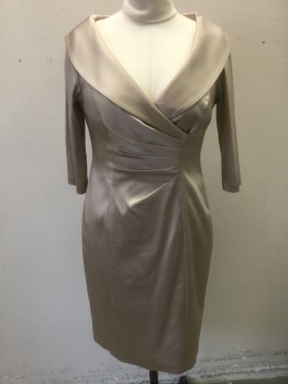 KAY UNGER, Champagne, Acetate, Polyamide, Solid, Satin, 3/4 Sleeve, Plunging V-neck with Shawl Lapel, Asymmetric Pleating/Ruching at Waist, Knee Length