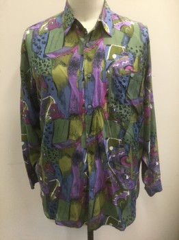 MONTAGE, Multi-color, Sage Green, Purple, Chartreuse Green, Black, Silk, Abstract , Funky Abstract Pattern, Long Sleeve Button Front, Collar Attached, 1 Patch Pocket with 1 Button Closure, Early 1990's