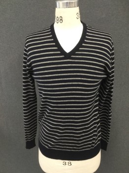 Mens, Pullover Sweater, J. CREW, Navy Blue, Heather Gray, Cashmere, Stripes, S, V-neck, Long Sleeves, Ribbed Knit Solid Navy Neck/Waistband/Cuff
