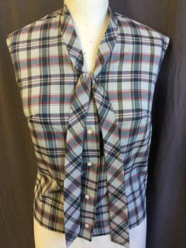 FOX 44, Lt Gray, Steel Blue, Red, Goldenrod Yellow, Brown, Cotton, Polyester, Plaid, Collar Attached with SELF Bow Tie, Button Front, Sleeveless,