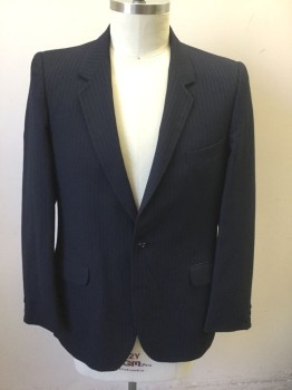 Mens, 1980s Vintage, Suit, Jacket, YVES ST. LAURENT, Navy Blue, Lt Gray, Wool, Stripes - Pin, 44, Single Breasted, Notched Lapel, 2 Buttons, 3 Pockets,