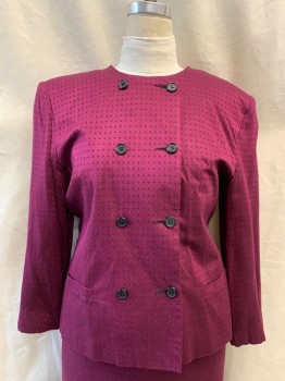 Womens, 1980s Vintage, Suit, Jacket, BAGATELLE, Magenta Purple, Rayon, B: 42, Shoulder Pads, Small Black Circle Pattern, Double Breasted, 2 Pockets