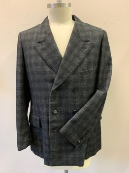 Mens, 1920s Vintage, Suit, Jacket, SIAM COSTUMES MTO, Charcoal Gray, Black, Wool, Check , Heathered, 38/31, 44R, Double Breasted, Peaked Lapel, Stiff Soft Wool, 6 Buttons, 3 Pockets, No Back Vent, 4 Button Hole Cuffs with 3 Buttons